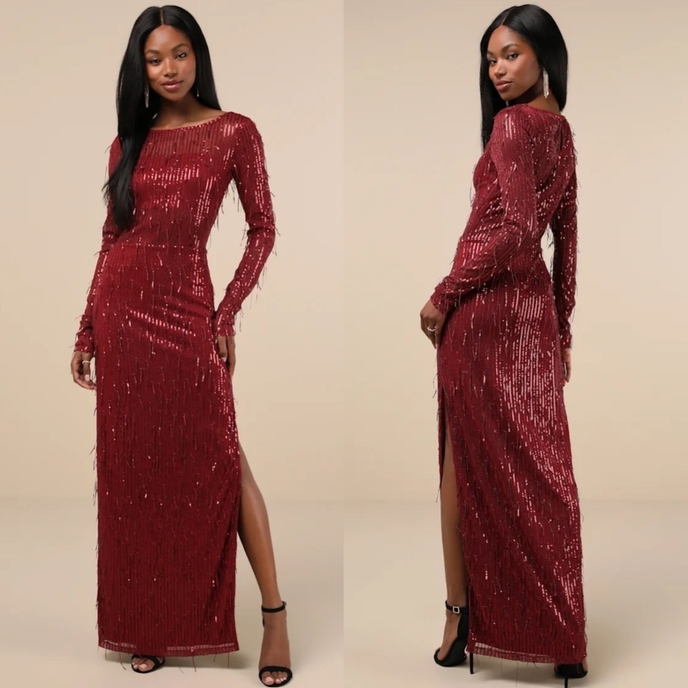 Lulus Sheer Fascination Burgundy Sheer Mesh Sequin Fringe Maxi Dress XS Wedding